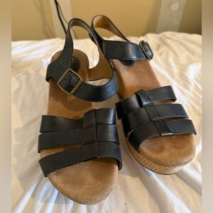 Clarks Black Strappy Sandals with Tan Wedge